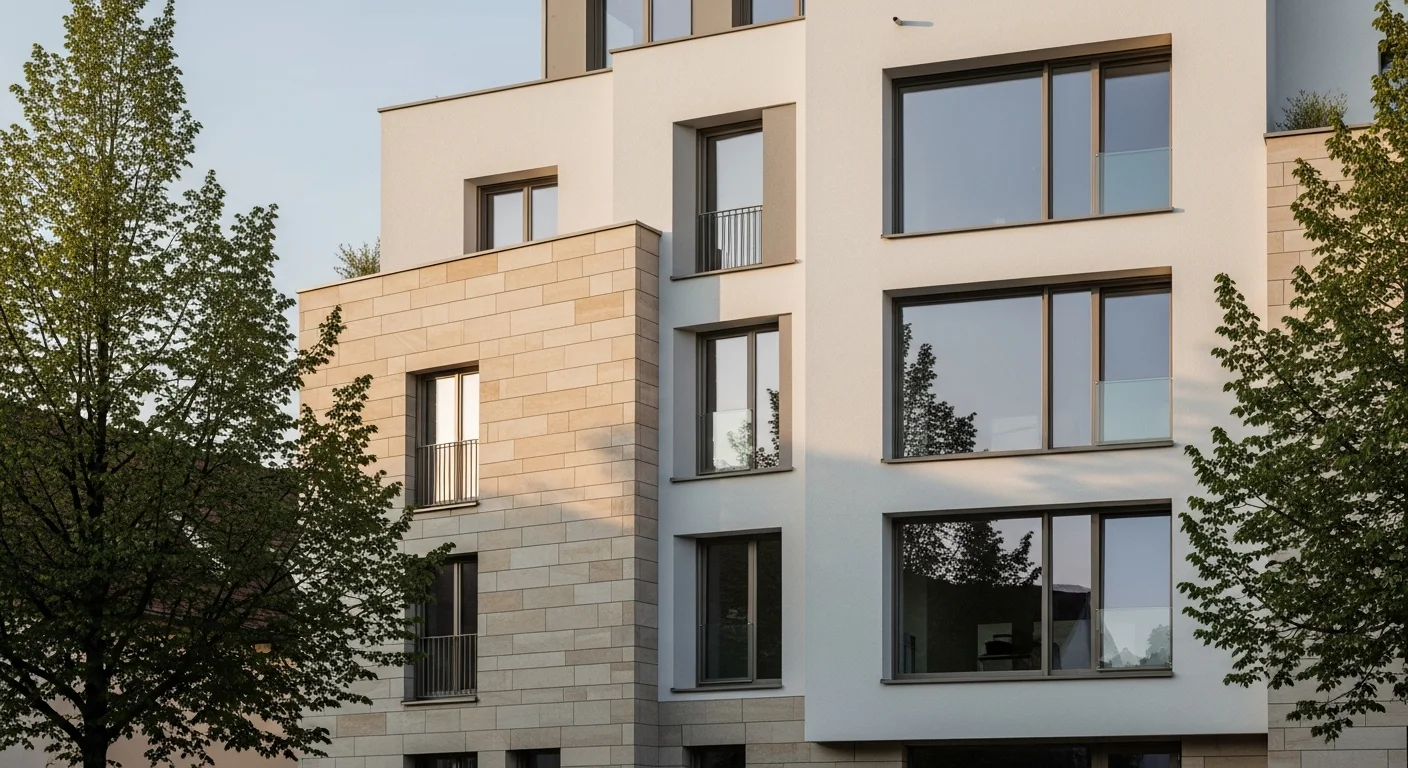 Moderne Wohnhausfassade mit hellem Naturstein und großen Fenstern im warmen Abendlicht